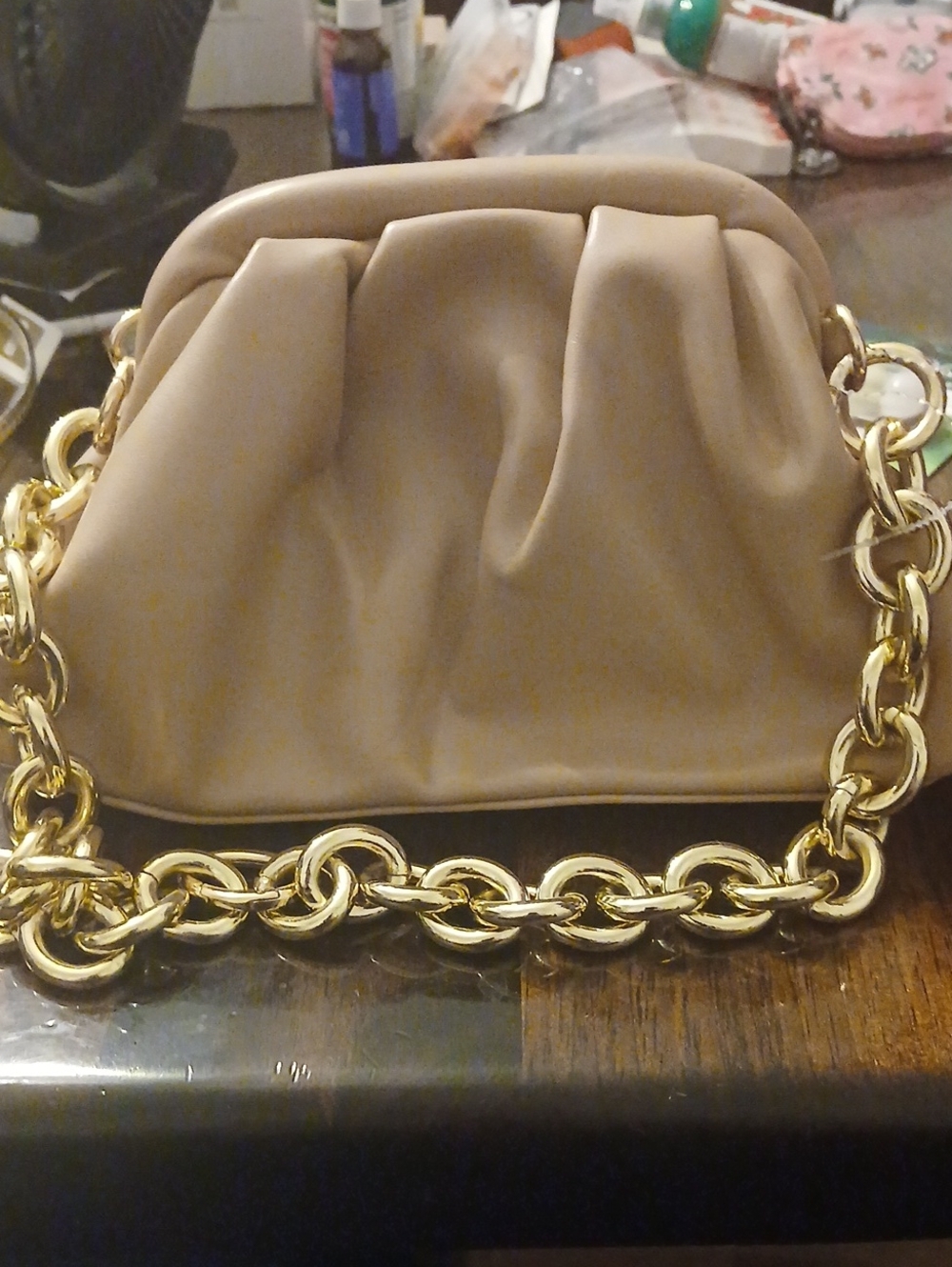 Madison West Taupe Shoulder Pouch with Gold Chain Nwot